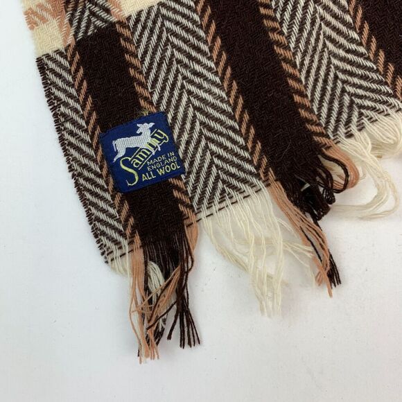 Vintage Sammy Made in England Plaid All Wool Brown Mens Short Neck Scarf - Picture 2 of 5